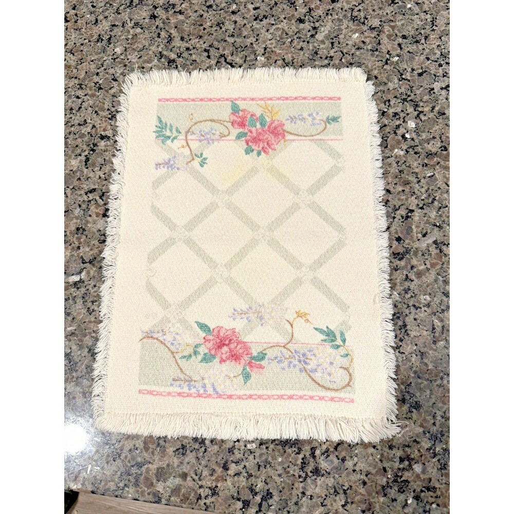 Vintage Woven Tapestry Placemats Set of 2 Floral Trellis Neutral white Fringed
